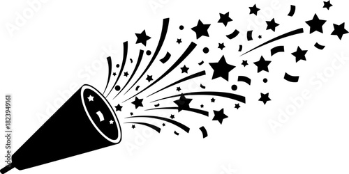Black silhouette of a party popper bursting with rays of confetti and scattered