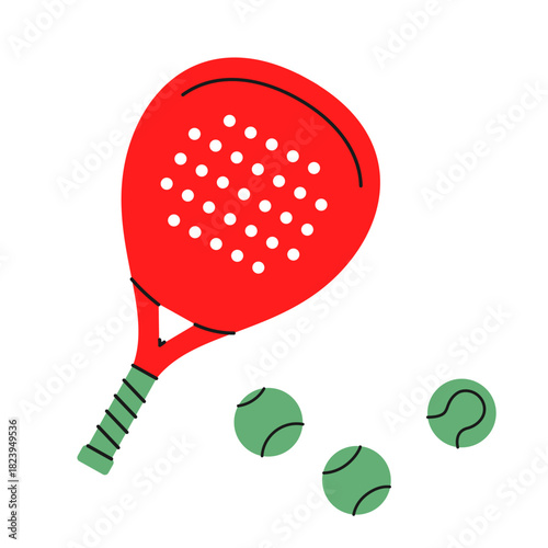 Hand-drawn colorful padel racket and three balls.Ideal for sports graphics, creative projects,logos.Vector illustration isolated on white background.EPS 10