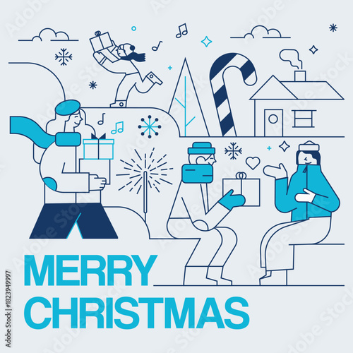 Festive Holiday Card Featuring Three Wise Men Bearing Gifts and a Winter Village Scene with Candy Cane and Snowy Roofs, Celebrating the Spirit of Christmas