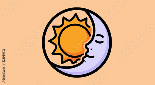 Stylized Sun and Moon Yin Yang Symbol Illustrating Day and Night Cycle.