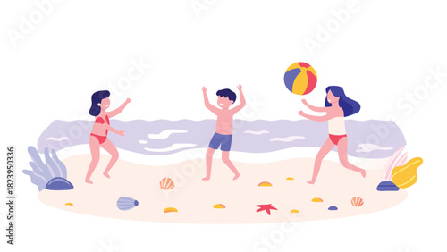 Children enjoying playful poses on a sunny beach with gentle ocean waves depicting summer vacation fun and seaside activities for kids