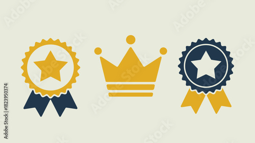 A graphic featuring a gold crown between two starburst badges on a light background illustration