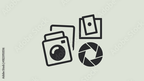 A simple graphic illustration depicting a camera, photos, and an aperture on a light background