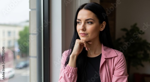 Free Download A thoughtful young woman with dark hair looking out a window. Pensive brunette female dreaming and contemplating in a moment of quiet reflection - GFXLoad