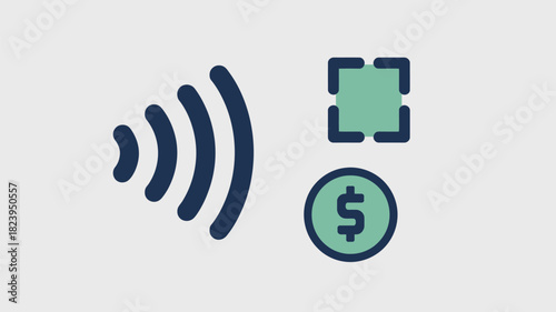 A graphic illustration of wireless payment option with dollar sign and a square on a light background