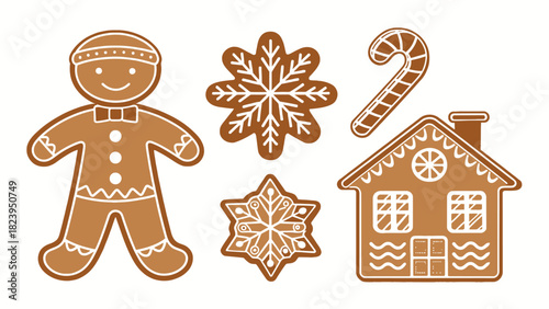 Delightful gingerbread cookies, including a gingerbread man, snowflakes, a candy cane, and a house, evoke the warmth and joy of the holiday season