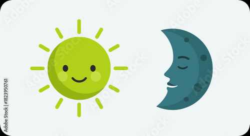 Sun and moon illustration representing day and night cycle with smiling faces 1.