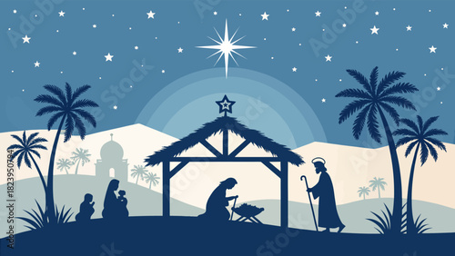 Peaceful Nativity Scene Silhouette with Starry Night, Palms, and Humble Manger Depicting the Birth of Jesus Christ in a Serene Desert Setting