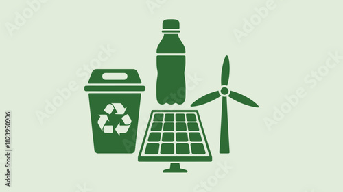A green illustration showing a recycle bin a bottle a solar panel and a wind turbine on light green