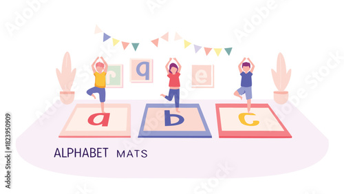 Children practicing yoga poses on colorful alphabet mats promoting healthy habits and early learning through playful exercise and educational elements