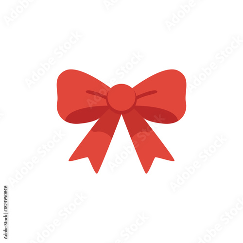 Red Christmas bow icon in clean flat style, perfect for gift wrapping designs, holiday decorations, festive greeting cards, seasonal marketing materials, and cheerful winter celebration graphics