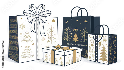 Elegant holiday gift bags and a present box with festive gold decorations convey a feeling of joy and anticipation for Christmas celebrations