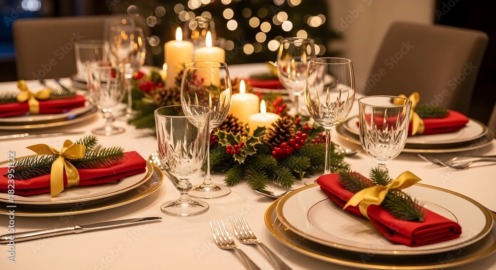 Fototapeta premium Elegant holiday dining table set for a festive Christmas dinner celebration with lit candles and decorations.