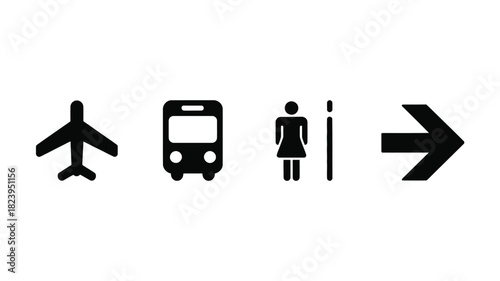 A simple black and white image showing transportation and restroom symbols with an arrow pointing right