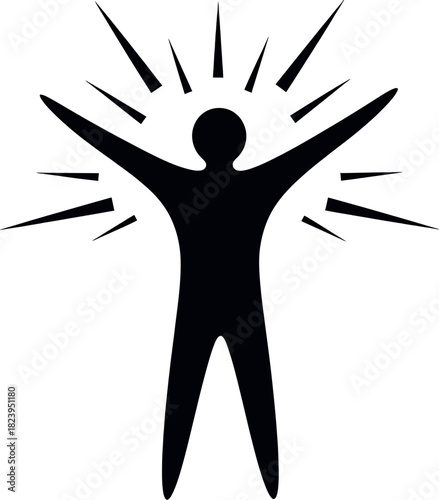 Black silhouette of a person with arms raised, radiating light, symbolizing energy, success, and freedom