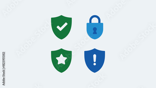 A collection of four security icons including shields, a checkmark, star, padlock and exclamation point