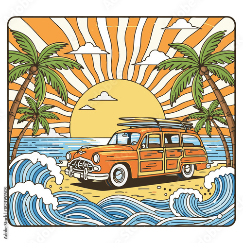 Surf Co Logo Style Wave and Sunset Graphic