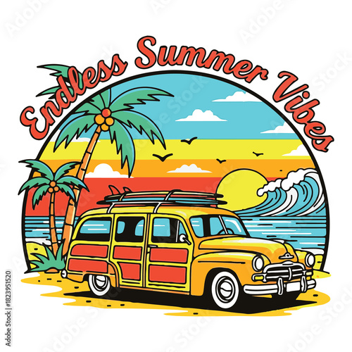 Retro Sunset Over Sea with Surfing Waves