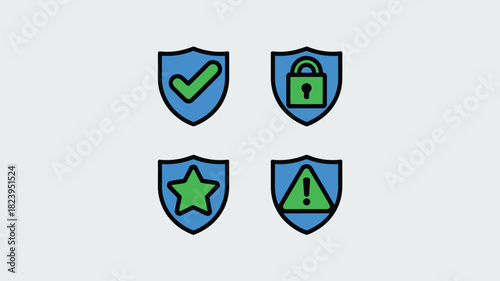 Four blue shields each containing a different green icon on a white background security concept design