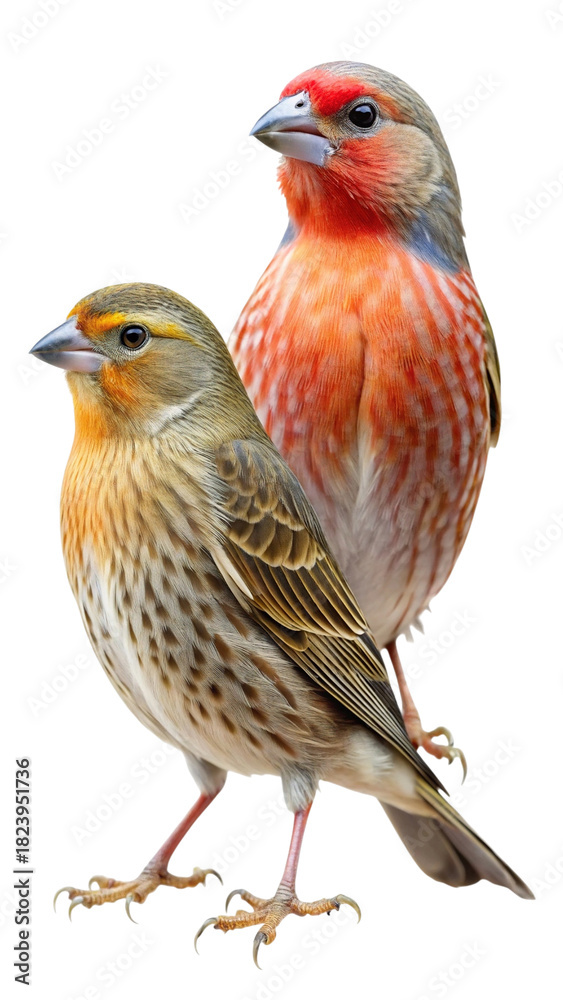 Fototapeta premium Vibrant red male and brown female finch pair close-up shot