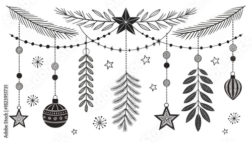 Charming Christmas holiday ornament collection with stars, snowflakes, and festive branches for seasonal designs and winter celebrations, originally a vector