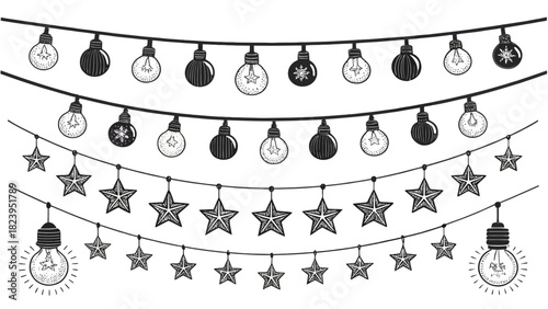 Festive string lights with bulbs and stars for holiday cheer, perfect for winter celebrations and adding a touch of magic to any design project
