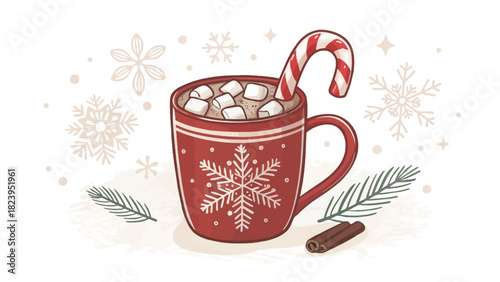 Cozy winter vibes with hot chocolate topped with marshmallows and a candy cane, perfect for holiday cheer and warm wishes, originally a scalable graphic