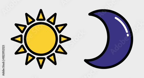 Sun and Moon Cartoon Icons Day and Night Illustration.