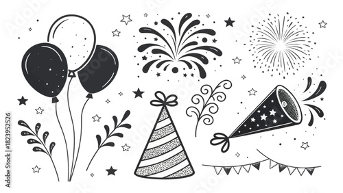 Whimsical celebration doodles with festive balloons, playful party hats, confetti, and celebratory fireworks for joyful events and happy occasions