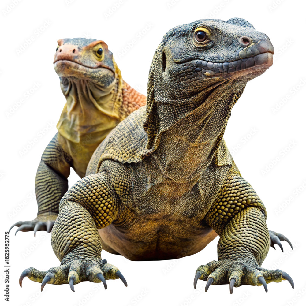 Obraz premium Pair of powerful komodo dragons isolated, looking forward.