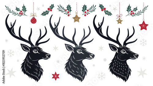 Festive deer heads with holiday ornaments, evoking magical winter wonderland and Christmas spirit, ideal for seasonal greeting cards and celebratory designs