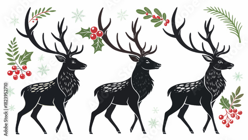 Elegant reindeer with holly and snowflakes create a festive seasonal design, perfect for Christmas cards, holiday invitations, and winter celebrations