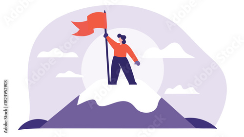 Minimalist illustration of a determined climber reaching the summit raising a red flag in triumph against a simple backdrop