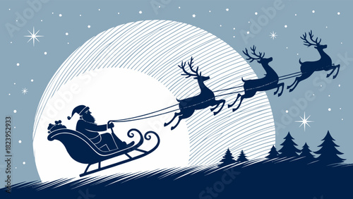 Santa Claus in his flying sleigh being pulled by reindeer over a wintery landscape, bringing Christmas cheer to the world, holiday spirit abounds