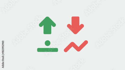 A graphic showing green up arrow and line with dot and red down arrow and zig zag line on white background
