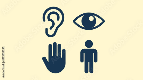 Illustration of human senses with an ear eye hand and person icon on a light yellow background