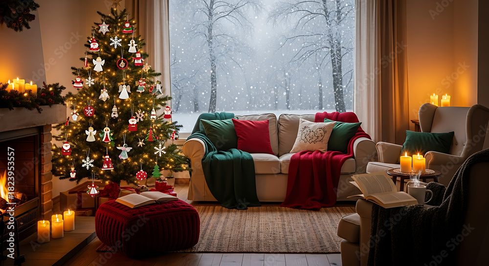 Obraz premium Cozy Christmas Living Room Scene with Decorated Tree and Fireplace.