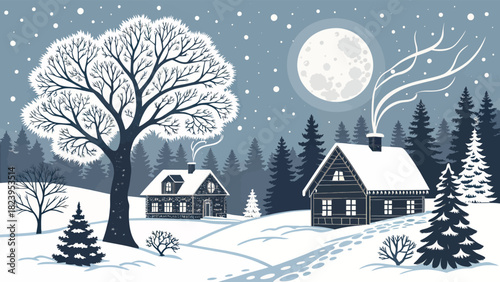 Enchanting winter scene with snow-covered cottages and a luminous moon, perfect for capturing the cozy magic of the holiday season and festive cheer