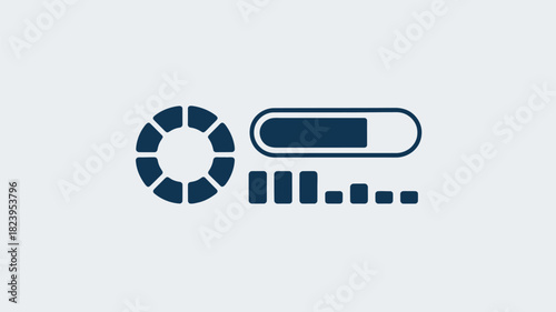 A blue loading icon set with a segmented circle, a progress bar, and a bar graph on a light background