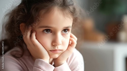Cute dark-haired girl sitting defocused looking upset, faceless bored child, care visualization detail, blurred background setting, unhappy concept, mood interface, sitting display