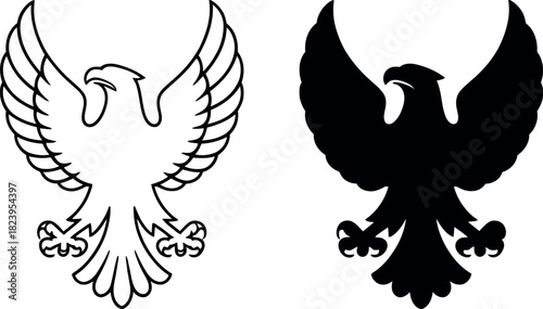 Eagle outline and silhouette majestic bird of prey design element drawing animal symbol