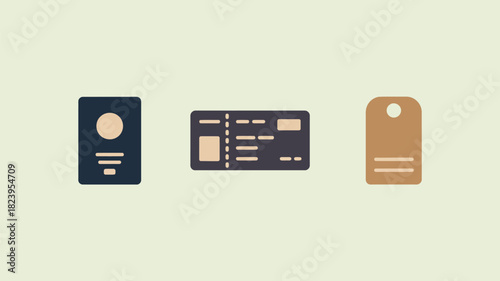 Illustration of a passport, ticket, and luggage tag on a light background in a simple flat design