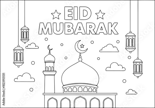 Beautiful Islamic Eid Celebration Coloring Pages Featuring Mosque, Lanterns, and Stars for Kids