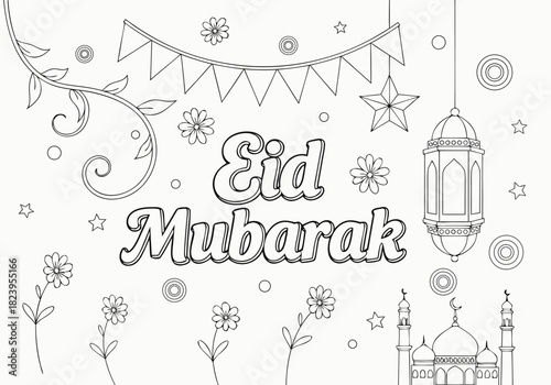 Joyful Eid Mubarak Coloring Pages for Kids and Adults, Featuring Islamic Holiday Illustrations for Creative Fun