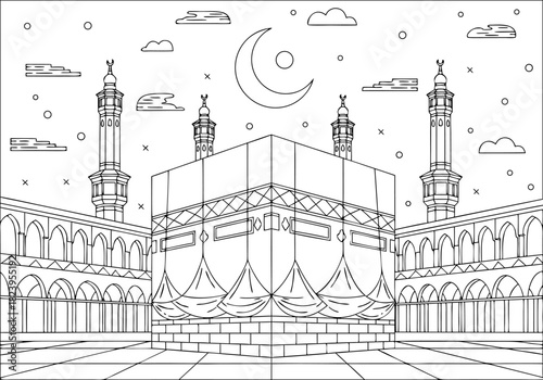 Detailed Kaaba Mosque Line Art Coloring Pages for Kids and Adults to Enjoy Creative Expression