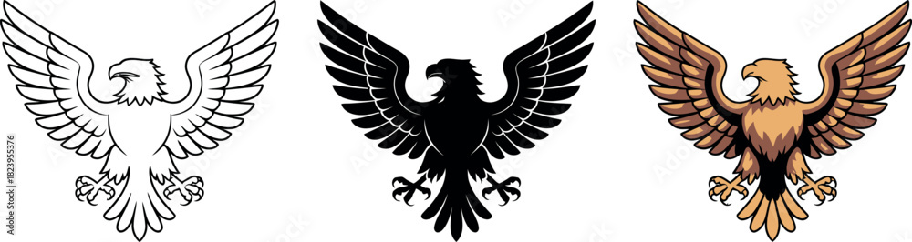 Fototapeta premium Eagle vector illustrations featuring three styles line art silhouette and golden vintage design
