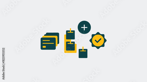 An illustration showing credit cards, a chart, a plus sign, and a check mark on a white background