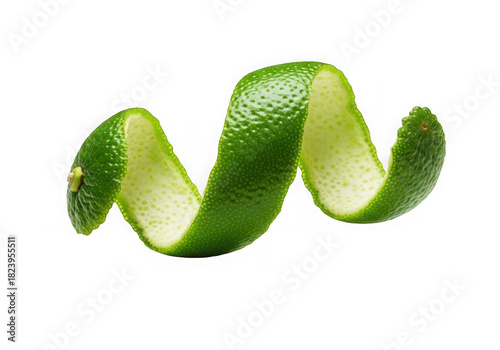 A single, vibrant green lime peel, elegantly curled into a spiral, showcasing its fresh texture and zest, isolated on transparent background
