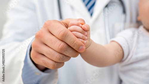 A doctor gently holds a baby's foot, symbolizing care and pediatric health.