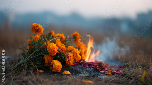 A solemn outdoor cremation scene at dusk: burning orange flames rising from a pile of marigold and rose flowers laid over smoldering ashes, thin smoke drifting into the warm golden